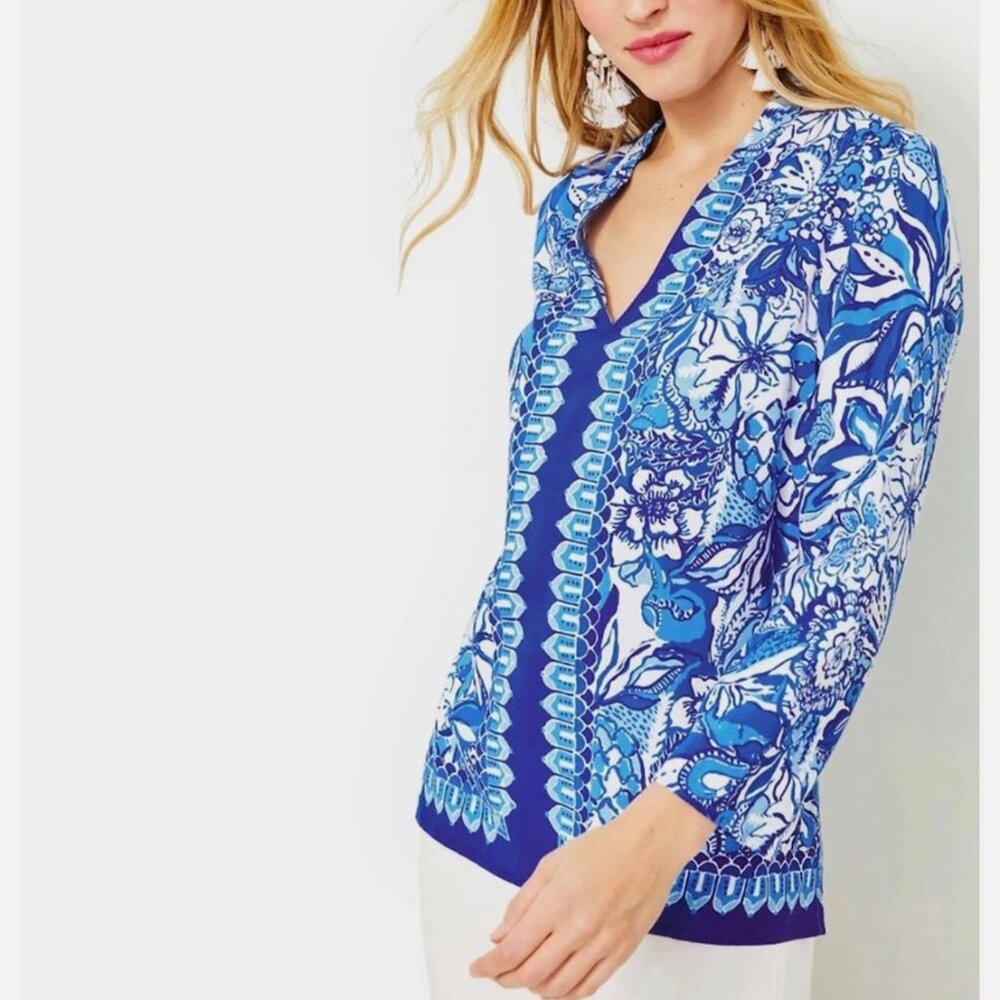 Lilly Pulitzer Luna Bay Blue Tang Flocking Fabulous 3/4 Length Sleeve Tunic Top
